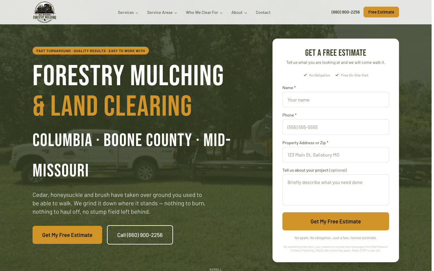 The Mid Missouri Forestry Mulching website, built by Brandloc